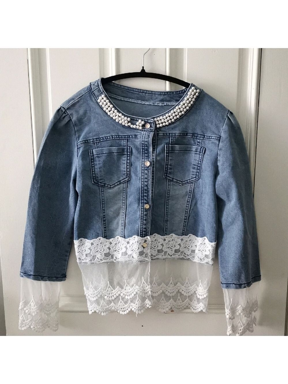 WTY Unique lace &. pearl boho western denim jacket. Mrs on the Back. Size M/L.